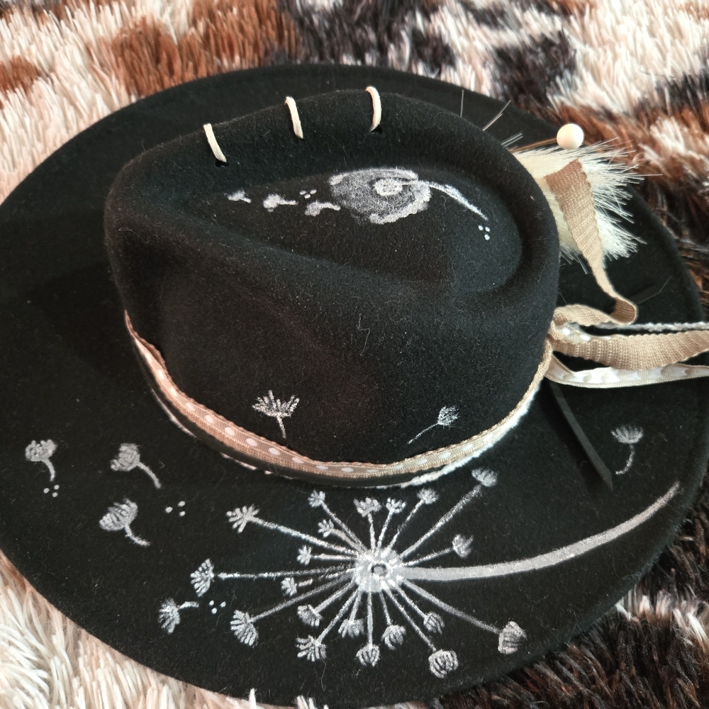 Custom painted and styled felt hat handmade by me